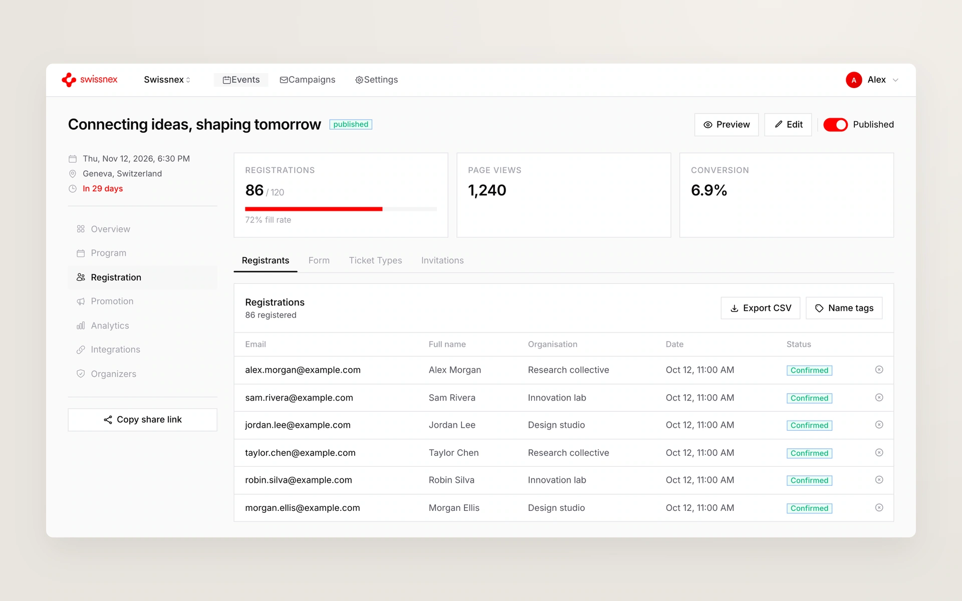 Hermes admin interface with sample data