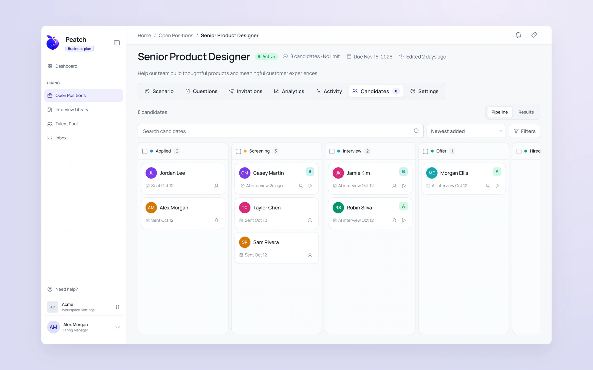 Peatch AI admin interface with sample data